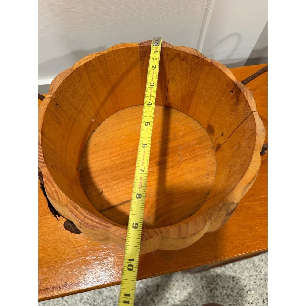 Rustic Carved Wooden Pumpkin Bowl Centerpiece with Metal Handles Fall Decor